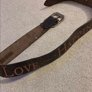 Dillon Rogers Peace Love Happiness Gold Embossed Brown Leather Belt Mediym